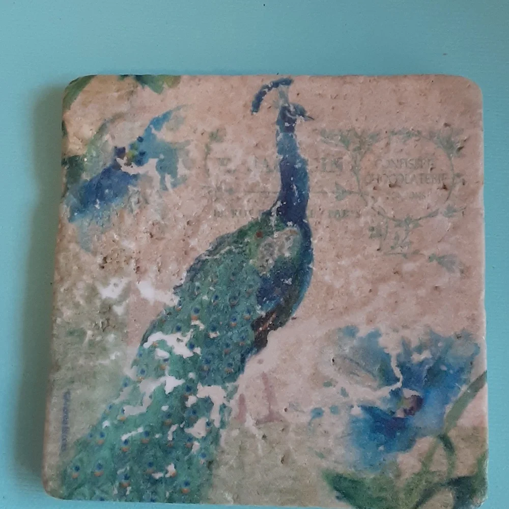 Peacock Image on 4"x4" natural stone coaster, set, walnut holder, cream blu/gr - Picture 4 of 14